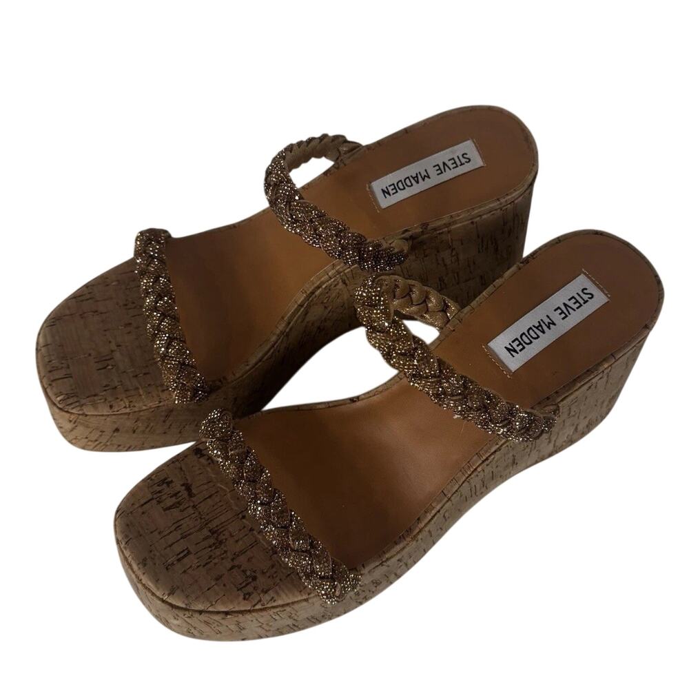 New STEVE MADDEN Size 9 Danya Gold Rhinestone Cork Wedge Platform Sandals